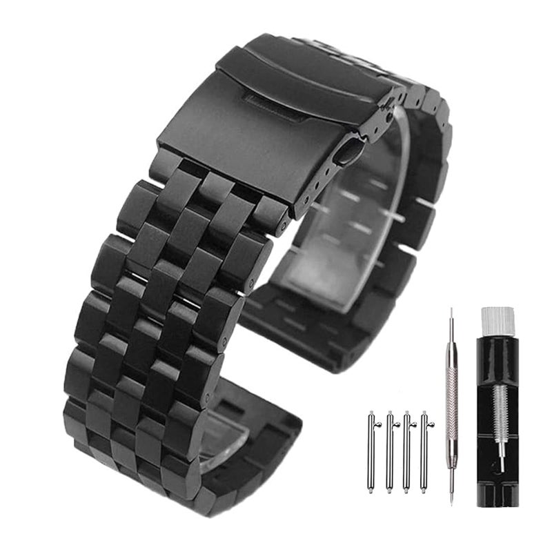 Kai Tian 22mm Solid Stainless Steel Watch Band with Double Buckles Push Button Deployment Clasp 5 Rows Metal Watch Strap for Men Women Black - Image 1